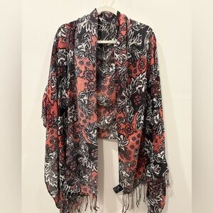 H&M Black and Coral Floral Fringe Shawl Large 36”x 76”